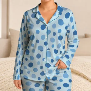 Soft Blue Polka Dot Style for Cozy Evenings, Relaxed Lounging and Home Comfort Satin Pajamas Set