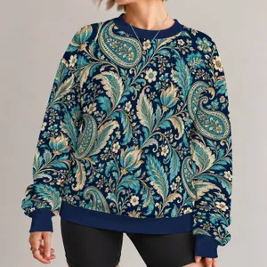 Navy Teal Paisley Florals for Vintage-Inspired Casual Style All-over Print Knitted Sweater