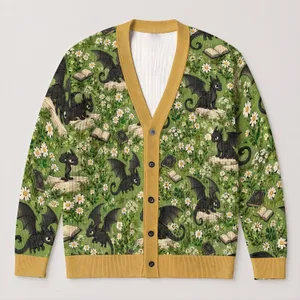 Black Baby Dragons and Wildflowers for Whimsical Everyday Layering for Teenagers All-over Print Knitted Cardigan