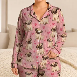 Sweet Pug Dogs And Pink Hearts For Cozy Valentine's Day Lounging At Home Together Satin Pajamas Set