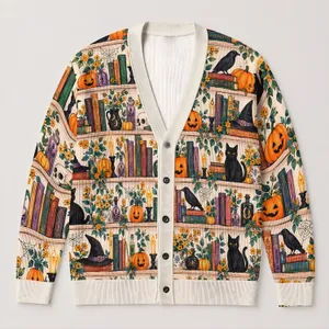 Halloween Bookshelves, Pumpkins and Black Cats for Cozy Autumn Reading and Fall Style All-over Print Knitted Cardigan