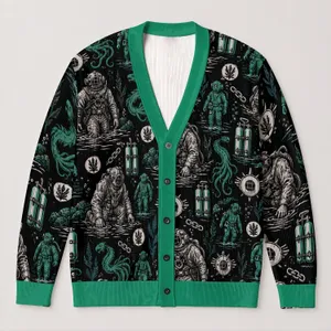 Retro Deep Sea Divers and Sea Creatures for Sci-Fi Everyday Layering and Teen Style All-over Print Knitted Cardigan