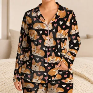 Sleeping Corgi Hearts for Cozy Nights, A Sweet Gift for Dog Lovers and Corgi Fans Satin Pajamas Set