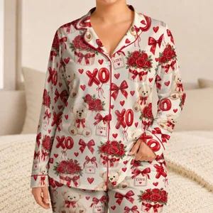 Teddy Bears, Rose Gifts and Red Bows for Cozy Valentine’s Day at Home for Women Satin Pajamas Set