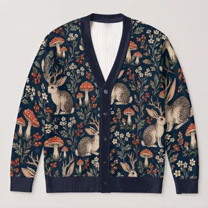 Jackalope Woodland Mushrooms And Wildflowers For Cozy Autumn Nature Lovers Everyday Style All-over Print Knitted Cardigan