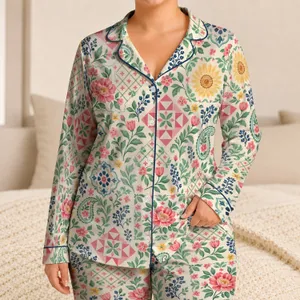 Colorful Patchwork Florals for Cozy Evenings at Home and Relaxed Weekend Lounging for Women Satin Pajamas Set