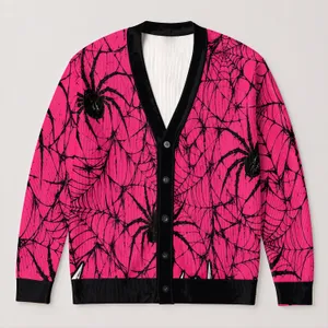 Hot Pink Spiderwebs and Punk Spiders for Halloween Alternative Teen Style All-over Print Knitted Cardigan