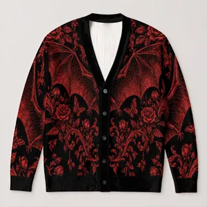 Gothic Red Bat and Rose Crescent Moon for Halloween Nights and Dark Academia Teens All-over Print Knitted Cardigan
