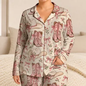 Pink Bow Cowboy Boots And Hats For Cozy Western-Inspired Lounging Satin Pajamas Set
