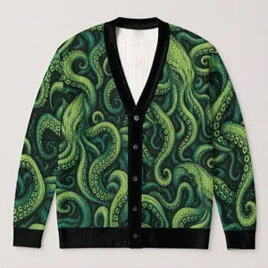 Neon Green Cosmic Tentacles for Bold Everyday Alternative Style All-over Print Knitted Cardigan