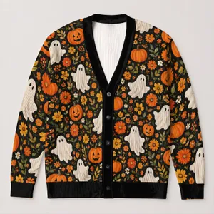 Halloween Ghosts, Jack-O'-Lanterns And Autumn Flowers For Spooky Fall Style Lovers All-over Print Knitted Cardigan