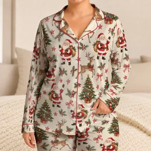 Santa Reindeer Christmas Trees for Cozy Holiday Gatherings and Relaxing at Home Women Satin Pajamas Set
