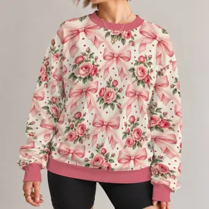 Pink Rose Clusters and Bow Motifs for Romantic Autumn Outfits and Everyday Feminine Style All-over Print Knitted Sweater