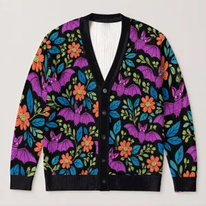 Cute Purple Bats And Colorful Flowers For Halloween Fall Outfits All-over Print Knitted Cardigan