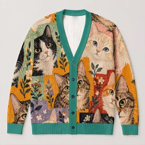 Colorful Crochet Style Cat Faces for Playful Everyday Layering and Cat Lovers All-over Print Knitted Cardigan