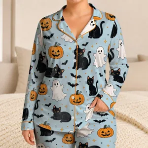 Cute Halloween Ghost Cat Pumpkin Outfit for Cozy October Nights, Home Gift for Women Satin Pajamas Set