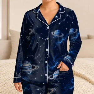 Midnight Navy Ringed Planet Night Sky For Cozy Evenings, Gifts, And Relaxed Nights Satin Pajamas Set
