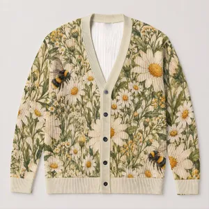 Daisy And Bumblebee Meadow For Sunny Garden Days And Youthful Everyday Style All-over Print Knitted Cardigan