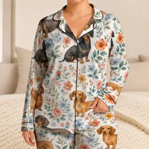 Cottagecore Dachshunds With Floral Sprigs For Cozy Giftable Lounging At Home All Day Satin Pajamas Set