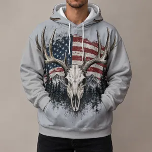Deer Skull American Flag Forest Scene for Hunting, Camping and Outdoor Adventure All-over Print Hoodie (Lightweight)