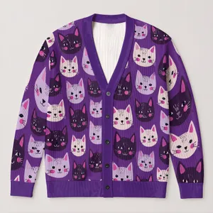 Playful Purple Cat Faces for Cozy Everyday Layering and Whimsical Cat Lovers All-over Print Knitted Cardigan