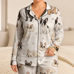 Cute French Bulldog Clover Motif For Cozy Home Evenings And Relaxed Gift Wear For Her Satin Pajamas Set