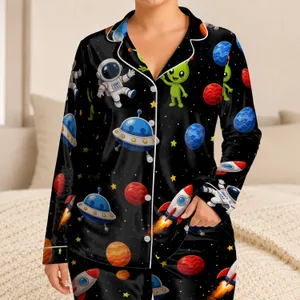 Space Aliens, Rockets And Astronauts Bedtime Wear For Kids, Cozy Gift For Boys At Home Satin Pajamas Set