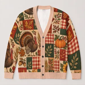 Pumpkins, Turkeys and Autumn Patchwork for Cozy Fall Harvest Gatherings All-over Print Knitted Cardigan