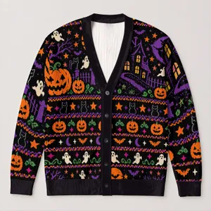 Retro Halloween Pumpkins and Ghosts for Spooky Trick or Treat Nights All-over Print Knitted Cardigan