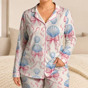 Seashell And Ribbon Bow Coastal Holiday Loungewear Gift For Romantic Women Getaways Satin Pajamas Set