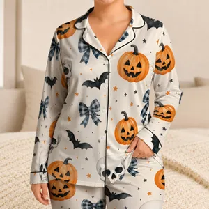 Halloween Skull And Pumpkin Bat Motifs For Cozy Fall Nights And Gift Giving For Women Satin Pajamas Set