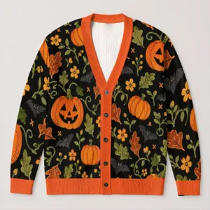 Pumpkin Ghost and Jack O Lanterns for Halloween Harvest Season and Fall Outings All-over Print Knitted Cardigan