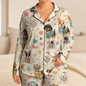 Cheerful Cartoon Puppy Portraits for Cozy Bedtime Moments and Gift Giving for Kids Satin Pajamas Set