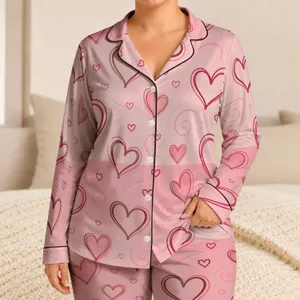 Blush Heart Motif For Cozy Valentine Gifting, Soft Romantic Style For Girls At Home Satin Pajamas Set