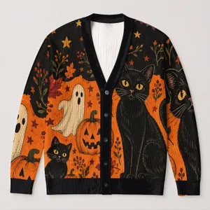 90s Black Cat Halloween Night Scene for Autumn Trick-or-Treat Celebrations and Parties All-over Print Knitted Cardigan