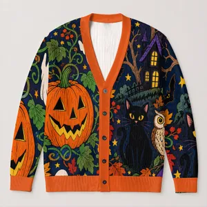 Black Cat Halloween Night Scene for Spooky Autumn Celebrations and Fall Gatherings All-over Print Knitted Cardigan