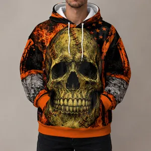 Orange Flame Skull and Star Field for Biker Rides and Rugged Casual Wear for Men All-over Print Hoodie (Lightweight)
