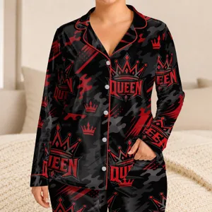 Bold Queen Crown Camo Street Style For Cozy Nights, Lounge Looks, And Women Daily Satin Pajamas Set