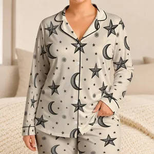 Ivory Celestial Moon And Star Sleepwear For Cozy Nights And Lounge Wear For Women Satin Pajamas Set