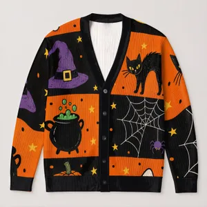 Retro Halloween Black Cat, Ghost and Pumpkin Autumn Style for Women and Fans All-over Print Knitted Cardigan