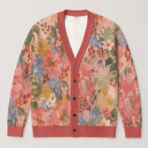 Coral Floral Patchwork Autumn Layering Style For Women Everyday Cozy Wardrobe Look All-over Print Knitted Cardigan