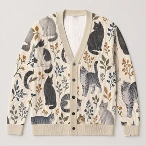 Whimsical Cat Motifs for Cozy Autumn Layering, Seasonal Relaxed Everyday Women's Style All-over Print Knitted Cardigan