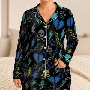 Punk Skull Heart Street Style For Vacation Days And Cozy Everyday Wear For Women Satin Pajamas Set