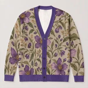 Purple Wildflower Botanical Blooms for Casual Layering and Garden-Inspired Everyday Style All-over Print Knitted Cardigan