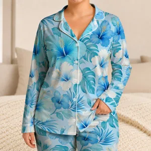 Sky Blue Hibiscus Floral Coastal Resort Getaway Gift for Summer Relaxing At Home Satin Pajamas Set