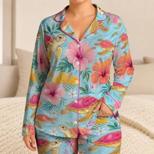 Sea Turtle And Hibiscus Tropical Resort Style For Beach Getaways, Women & Men Outfit Satin Pajamas Set