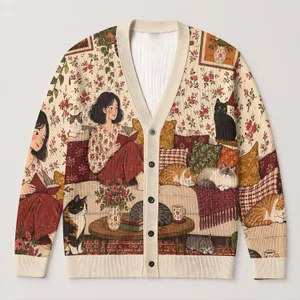 Whimsical Cat Living Room Scene for Cozy Everyday Layering and Casual Wardrobe Styling All-over Print Knitted Cardigan