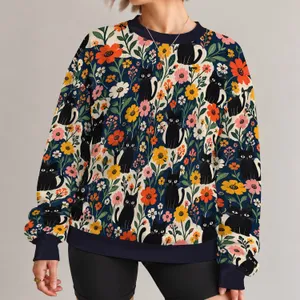 Black Cats Among Colorful Wildflowers for Whimsical Everyday Style and Cat Lovers All-over Print Knitted Sweater