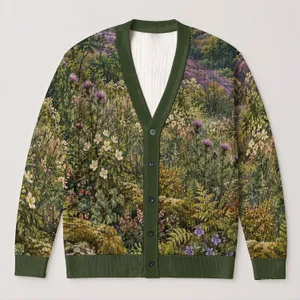 Mossy Woodland Meadow Scene for Relaxed Weekend Nature Layering, Cottagecore Women All-over Print Knitted Cardigan