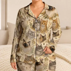 Buttercream Cat Portrait Collage For Cozy Home Evenings, Gift For Cat Lovers Satin Pajamas Set